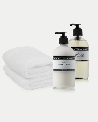 2x Guest Towels White + Marie-Stella-Maris Hand Wash & Hand Lotion Lemon Notes