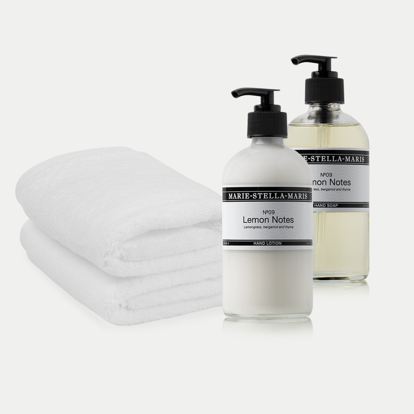 2x Guest Towels White + Marie-Stella-Maris Hand Wash & Hand Lotion Lemon Notes