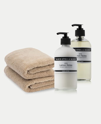 2x Guest Towels Latte + Marie-Stella-Maris Hand Wash & Hand Lotion Lemon Notes